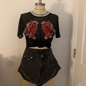 S Floral Stiched Black See-Through Top